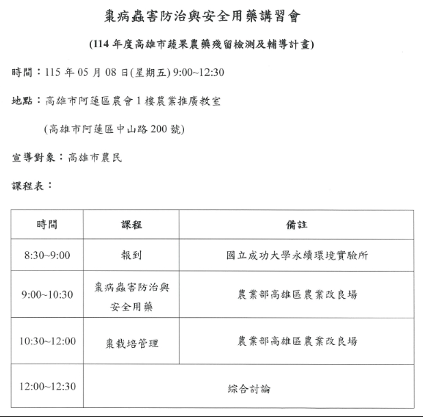 高雄市政府農業局線上植物防疫平台 - 活動資訊