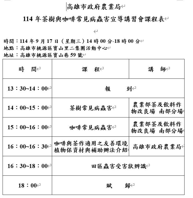 114年茶樹與咖啡常見病蟲害宣導講習會